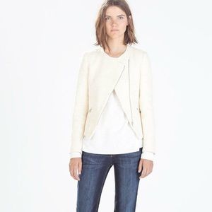 ZARA Basic Ivory and Orange Asymmetrical Tweed Blazer - M